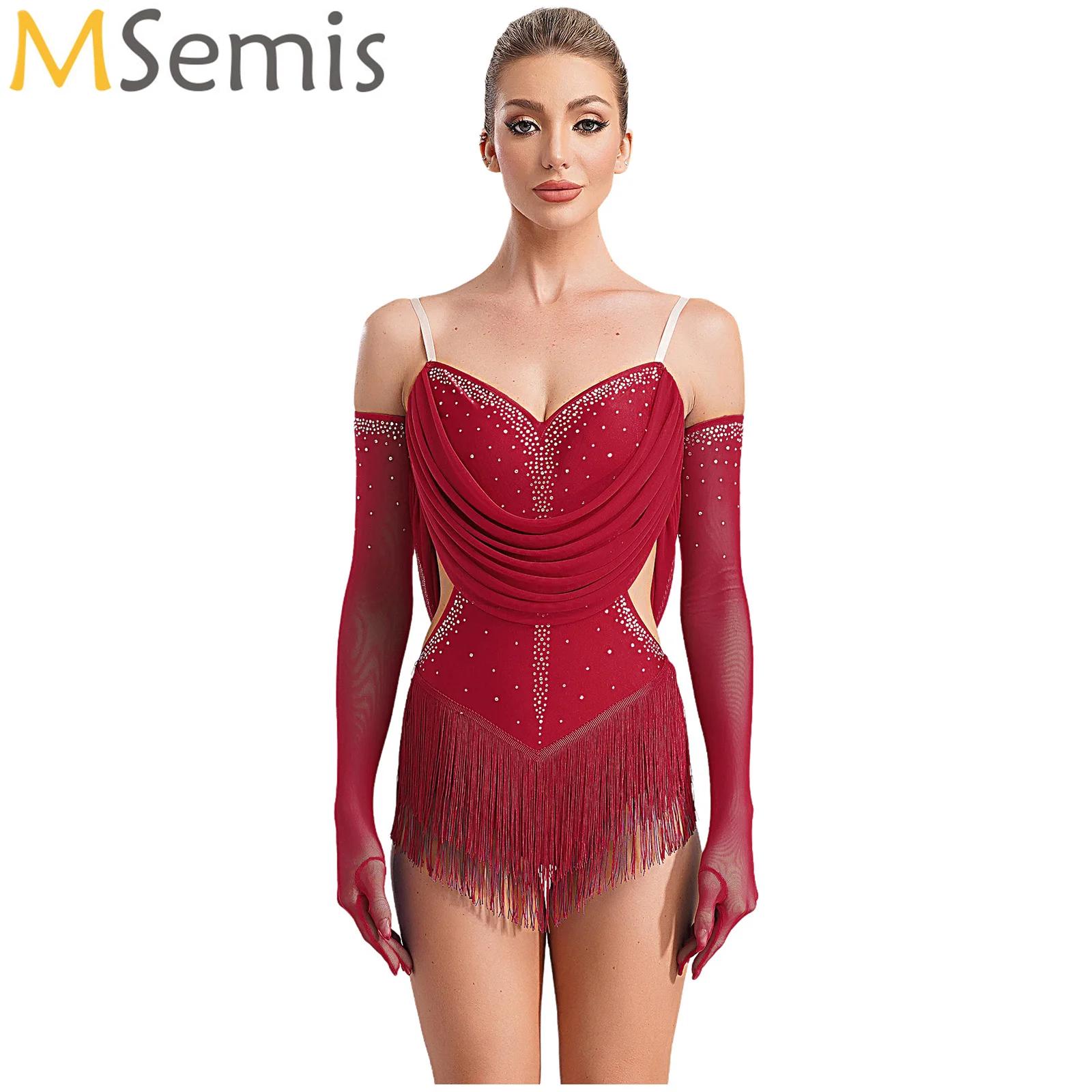 Women Ruched Mesh Tassel Latin - Rhinestone Banding Trim recension och pris